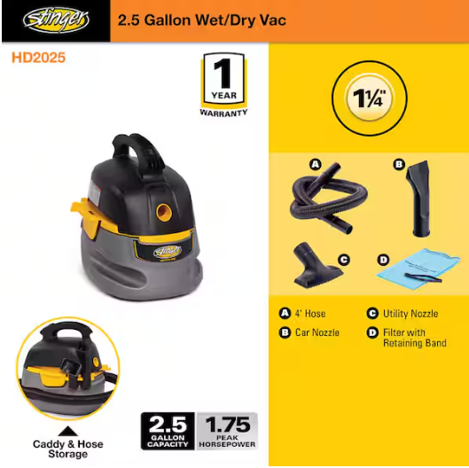 Stinger 2.5 Gal. 1.75 Peak HP Small Shop Vacuum Wet Dry Vac with Filter Bag, Hose, Utility and Car Nozzle Attachments HD2025