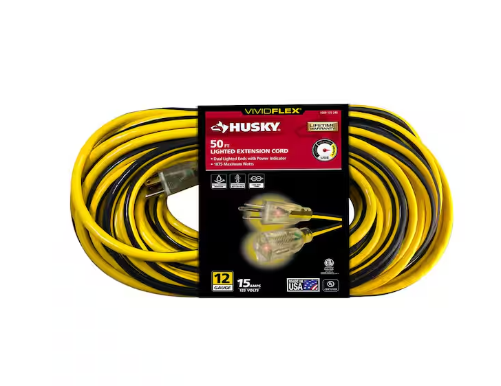Husky VividFlex 50 ft. 12 / 3 Heavy Duty Indoor/Outdoor Extension Cord with Lighted End, Yellow