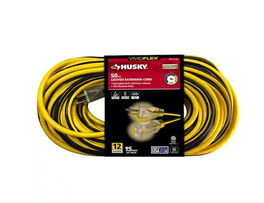 Husky VividFlex 50 ft. 12 / 3 Heavy Duty Indoor/Outdoor Extension Cord with Lighted End, Yellow