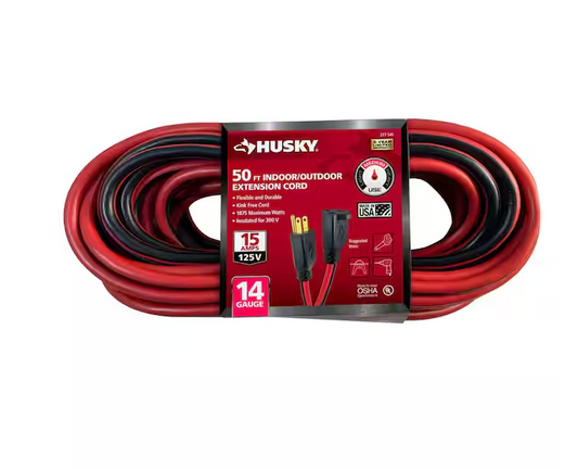 Husky 50 ft. 14/3 Medium Duty Indoor/Outdoor Extension Cord, Red/Black