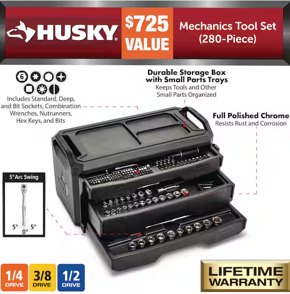 Husky 280-Piece SAE/Metric Mechanics Tool Set with Tool Box