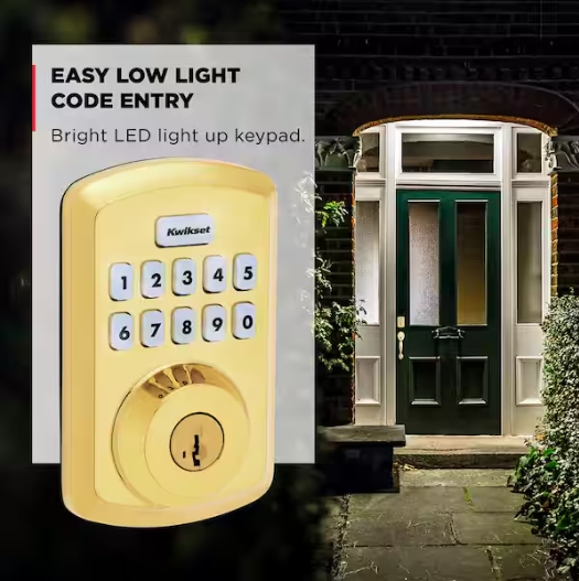 Kwikset Powerbolt 250 10-Button Keypad Lifetime Polished Brass Transitional Electronic Deadbolt Door Lock