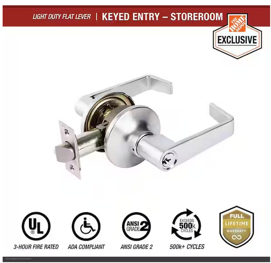 Universal Hardware Light Duty Commercial Storeroom Lever, ADA, UL 3-Hour Fire, ANSI Grade 2, Satin Chrome Finish