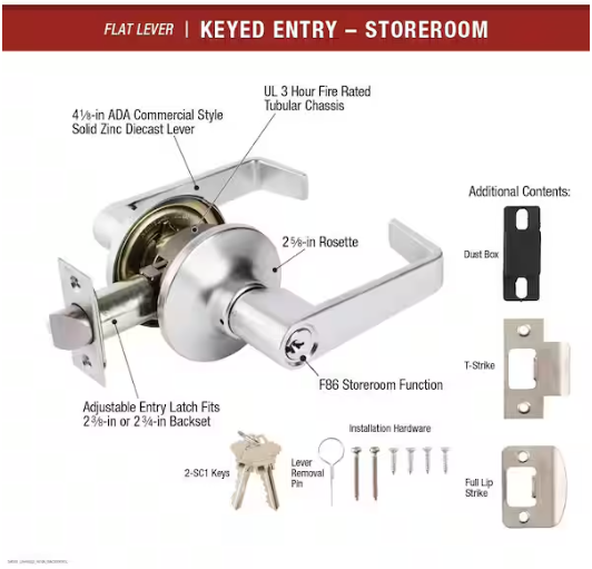 Universal Hardware Light Duty Commercial Storeroom Lever, ADA, UL 3-Hour Fire, ANSI Grade 2, Satin Chrome Finish