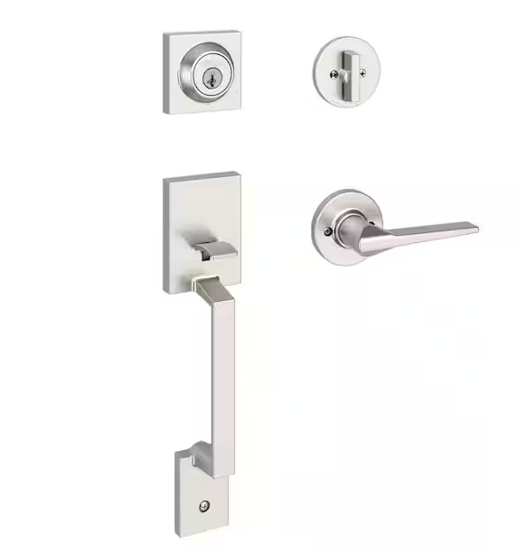 Kwikset Amador Satin Nickel Entry Door Handleset with Round Rose Hollis Handle Featuring SmartKey Security