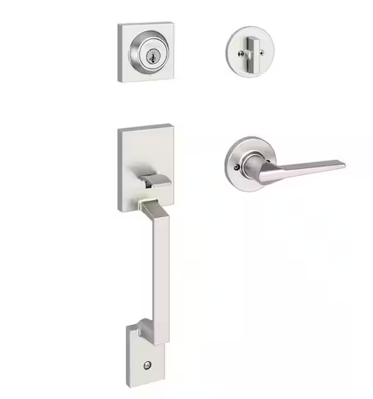 Kwikset Amador Satin Nickel Entry Door Handleset with Round Rose Hollis Handle Featuring SmartKey Security