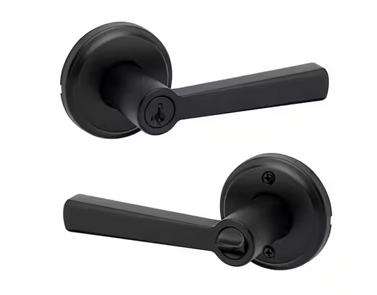Kwikset Trafford Matte Black Reversible Round Straight Keyed Entry Door Handle featuring SmartKey Technology