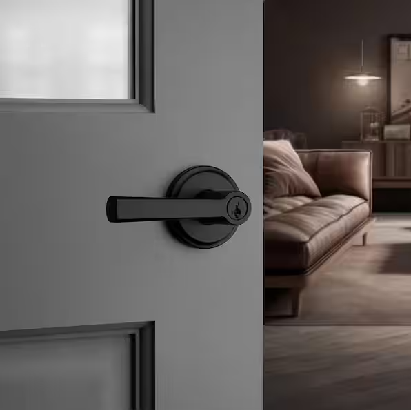 Kwikset Trafford Matte Black Reversible Round Straight Keyed Entry Door Handle featuring SmartKey Technology