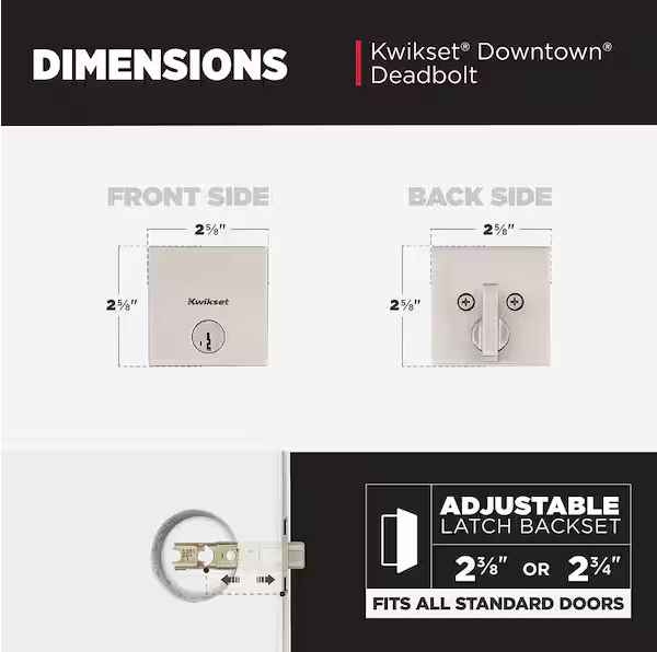 Kwikset Downtown Low Profile Satin Nickel Square Single Cylinder Contemporary Deadbolt featuring SmartKey Security