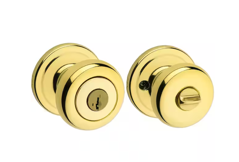 Kwikset Juno Polished Brass Entry Door Knob Featuring SmartKey Security with Microban Antimicrobial Technology