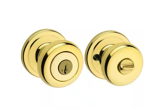 Kwikset Juno Polished Brass Entry Door Knob Featuring SmartKey Security with Microban Antimicrobial Technology