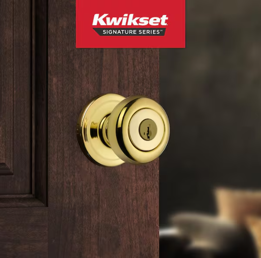 Kwikset Juno Polished Brass Entry Door Knob Featuring SmartKey Security with Microban Antimicrobial Technology