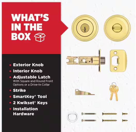 Kwikset Juno Polished Brass Entry Door Knob Featuring SmartKey Security with Microban Antimicrobial Technology
