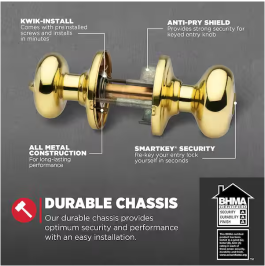 Kwikset Juno Polished Brass Entry Door Knob Featuring SmartKey Security with Microban Antimicrobial Technology