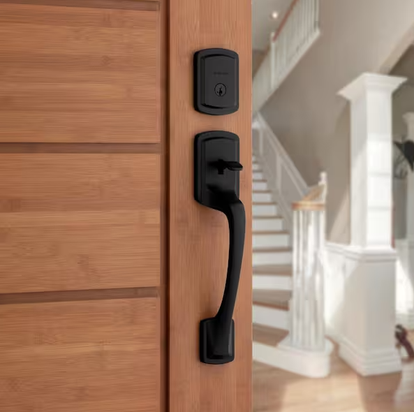 Kwikset Prague Matte Black Single Cylinder Entry Door Handleset with Round Pismo Knob Featuring SmartKey Security