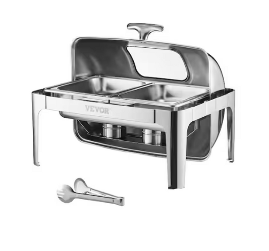 VEVOR Roll Top Chafing Dish Buffet Complete Set 9 qt. Stainless Steel Chafer with Full Size Pan Catering Warmer Server