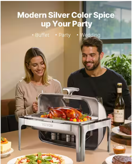 VEVOR Roll Top Chafing Dish Buffet Complete Set 9 qt. Stainless Steel Chafer with Full Size Pan Catering Warmer Server