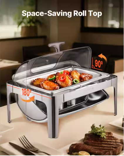 VEVOR Roll Top Chafing Dish Buffet Complete Set 9 qt. Stainless Steel Chafer with Full Size Pan Catering Warmer Server