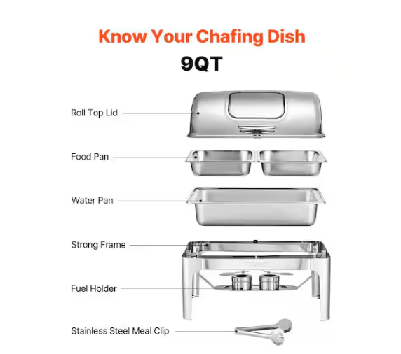 VEVOR Roll Top Chafing Dish Buffet Complete Set 9 qt. Stainless Steel Chafer with Full Size Pan Catering Warmer Server