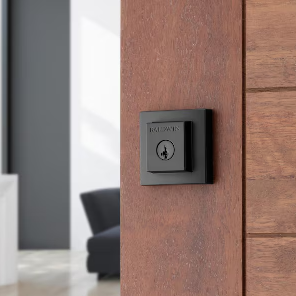 Baldwin Prestige Spyglass Matte Black Square Single Cylinder Deadbolt Featuring SmartKey Security