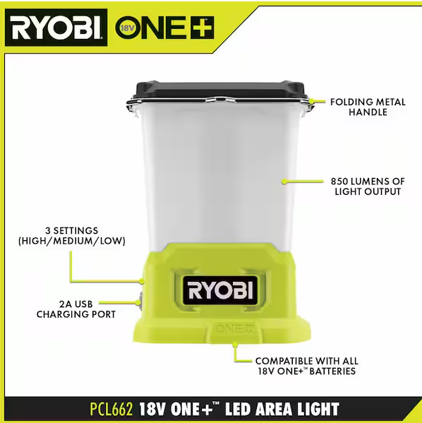 RYOBI ONE+ 18V Cordless LED Area Light with USB (Tool Only)