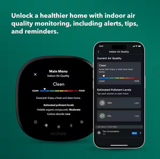 ecobee Smart Thermostat Premium with Smart Sensor and Air Quality Monitor Wifi Works with Siri, Alexa, Google Assistant