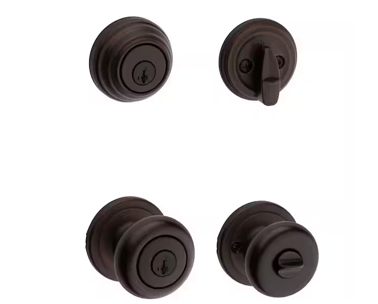Kwikset Juno Venetian Bronze Exterior Entry Door Knob and Single Cylinder Deadbolt Combo Pack Featuring SmartKey Security