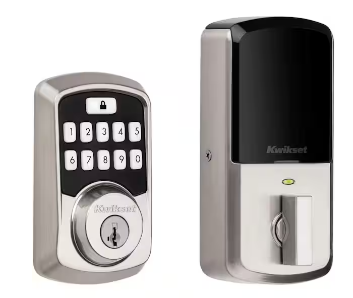 Kwikset Aura Satin Nickel Single Cylinder Electronic Bluetooth Keypad Smart Lock Deadbolt featuring SmartKey Security