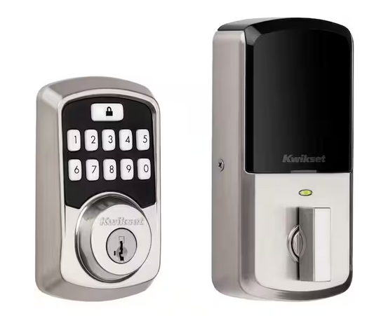 Kwikset Aura Satin Nickel Single Cylinder Electronic Bluetooth Keypad Smart Lock Deadbolt featuring SmartKey Security