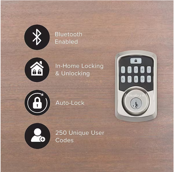 Kwikset Aura Satin Nickel Single Cylinder Electronic Bluetooth Keypad Smart Lock Deadbolt featuring SmartKey Security