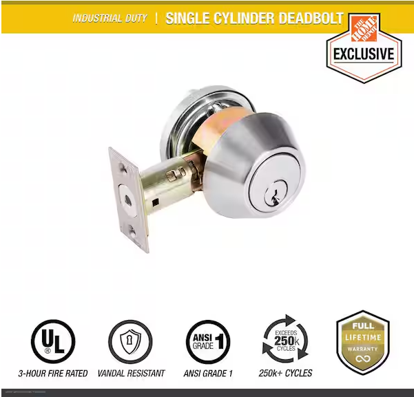 Universal Hardware Industrial Duty Commercial Single Cylinder Deadbolt, UL 3-Hour Fire ANSI Grade 1, Satin Chrome Finish