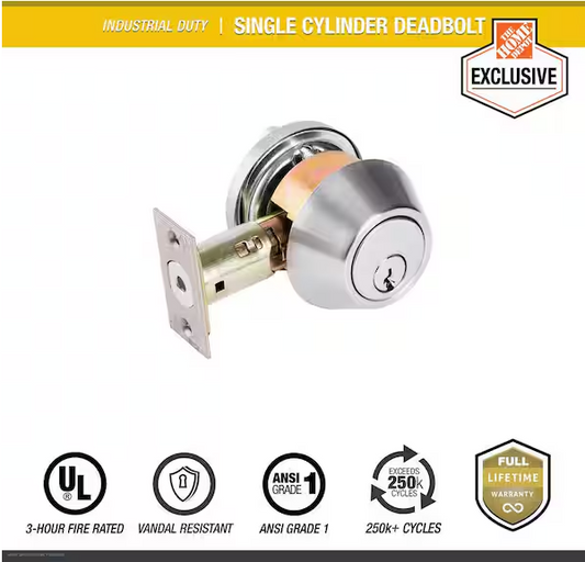 Universal Hardware Industrial Duty Commercial Single Cylinder Deadbolt, UL 3-Hour Fire ANSI Grade 1, Satin Chrome Finish