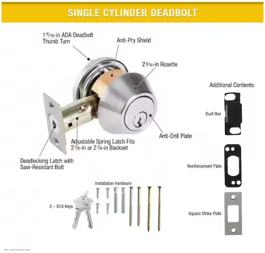 Universal Hardware Industrial Duty Commercial Single Cylinder Deadbolt, UL 3-Hour Fire ANSI Grade 1, Satin Chrome Finish