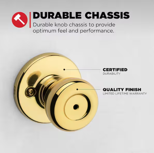 Kwikset Tylo Polished Brass Bed/Bath Door Knob Featuring Microban Antimicrobial Technology with Lock