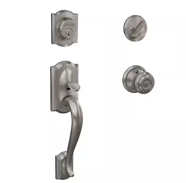 Schlage Camelot Satin Nickel Single Cylinder Door Handleset with Georgian Knob