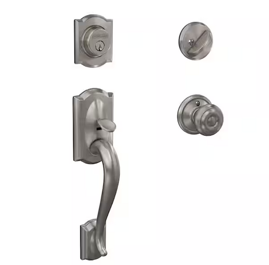 Schlage Camelot Satin Nickel Single Cylinder Door Handleset with Georgian Knob