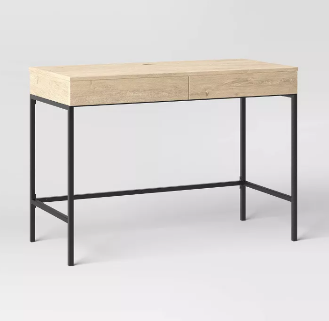 Loring Wood Writing Desk with Drawers and Charging Station Oak - Threshold™