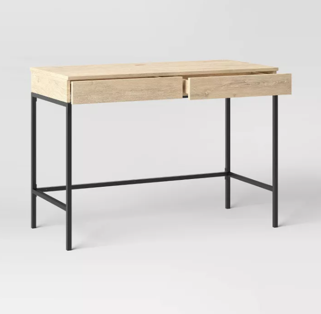 Loring Wood Writing Desk with Drawers and Charging Station Oak - Threshold™