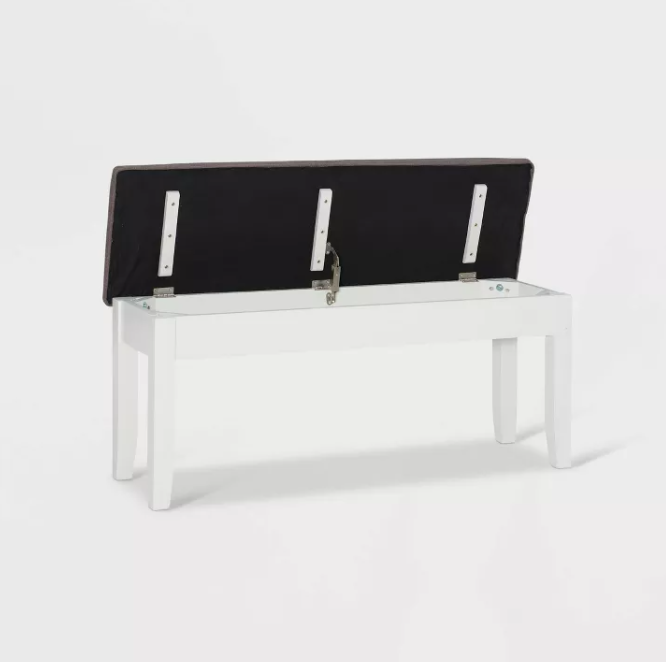 Emma Wood Frame Hinged Top Taupe Fabric Seat Storage Bench White