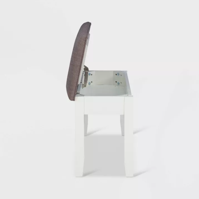 Emma Wood Frame Hinged Top Taupe Fabric Seat Storage Bench White