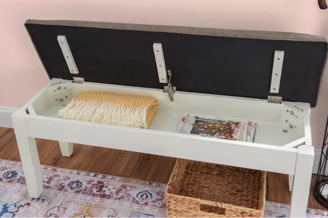 Emma Wood Frame Hinged Top Taupe Fabric Seat Storage Bench White