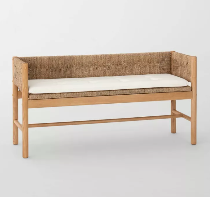 Elden Wood Bench with Wicker Back and Loose Cushion Seat Beige - Threshold™ designed with Studio McGee Assembly Required