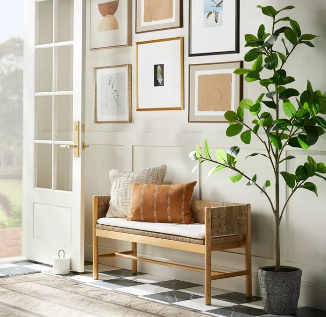 Elden Wood Bench with Wicker Back and Loose Cushion Seat Beige - Threshold™ designed with Studio McGee Assembly Required