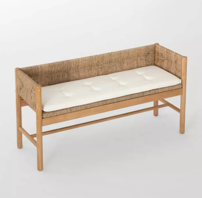 Elden Wood Bench with Wicker Back and Loose Cushion Seat Beige - Threshold™ designed with Studio McGee Assembly Required
