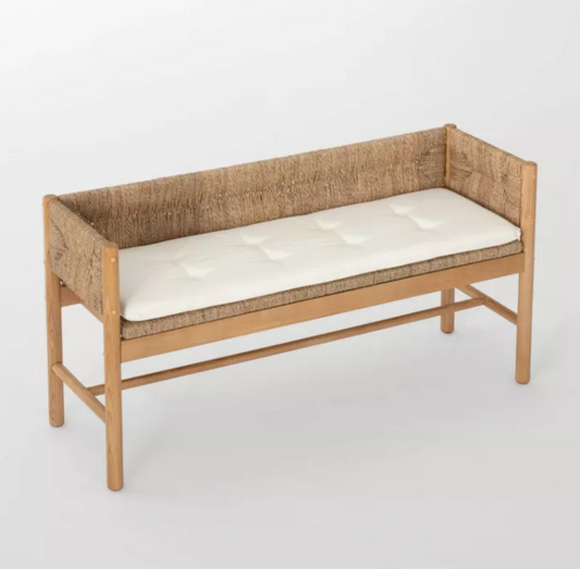 Elden Wood Bench with Wicker Back and Loose Cushion Seat Beige - Threshold™ designed with Studio McGee Assembly Required