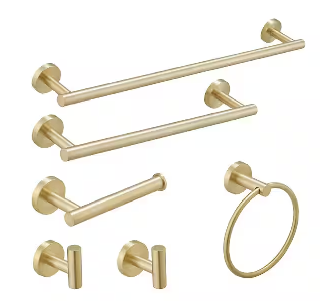 BWE 6-Piece Modern Bath Hardware Set with Towel Ring Toilet Paper Holder Towel hook and Towel Bar Wall Mount in Brushed Gold