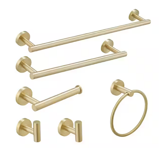 BWE 6-Piece Modern Bath Hardware Set with Towel Ring Toilet Paper Holder Towel hook and Towel Bar Wall Mount in Brushed Gold