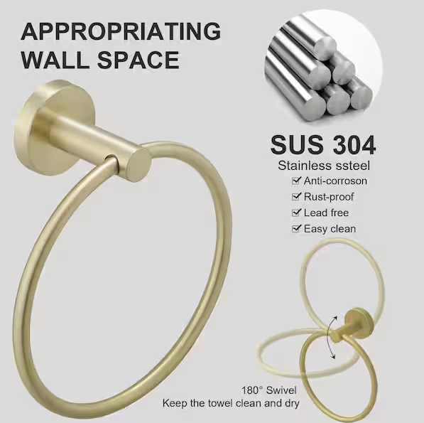BWE 6-Piece Modern Bath Hardware Set with Towel Ring Toilet Paper Holder Towel hook and Towel Bar Wall Mount in Brushed Gold
