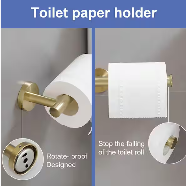 BWE 6-Piece Modern Bath Hardware Set with Towel Ring Toilet Paper Holder Towel hook and Towel Bar Wall Mount in Brushed Gold
