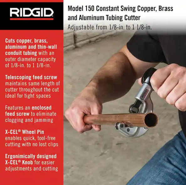 RIDGID 1/8 in. to 1-1/8 in.150 Constant Swing Copper Pipe & Stainless Steel Tubing Cutter w Easy Change Wheel Pin + Spare Wheel